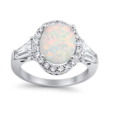 Halo Fashion Ring Baguette Lab Created White Opal 925 Sterling Silver